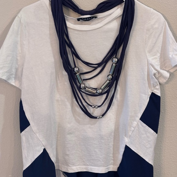 AKIRA Label  High Low Tail Top Navy and White with attached Necklace. Medium - Picture 2 of 16
